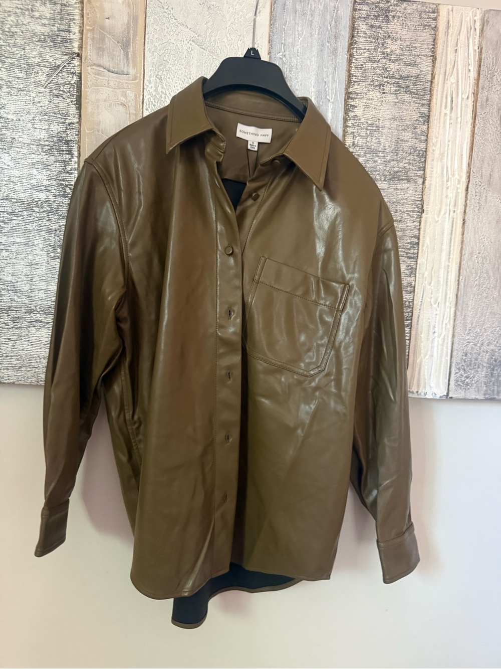 Something Navy Olive Green Faux-Leather Shirt Jacket